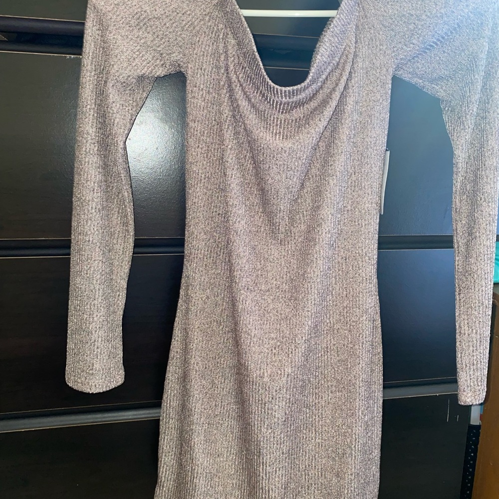 Windsor off the shoulder Long Sleeve Dress in lavender taupe color